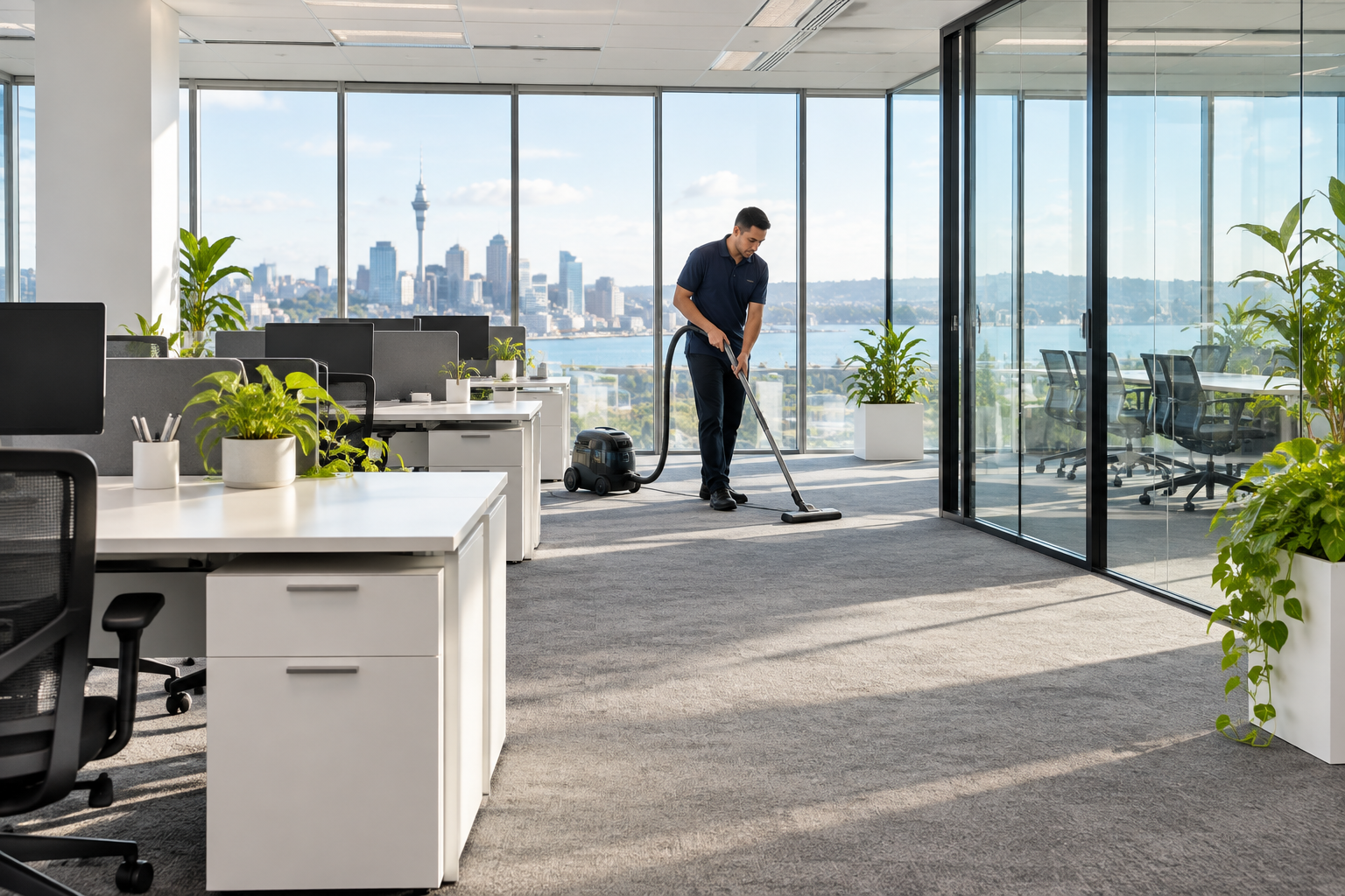 Professional cleaner caring for a bright modern office